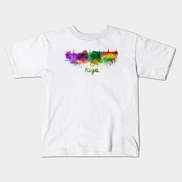 Riga skyline in watercolor Kids T-Shirt by PaulrommerArt